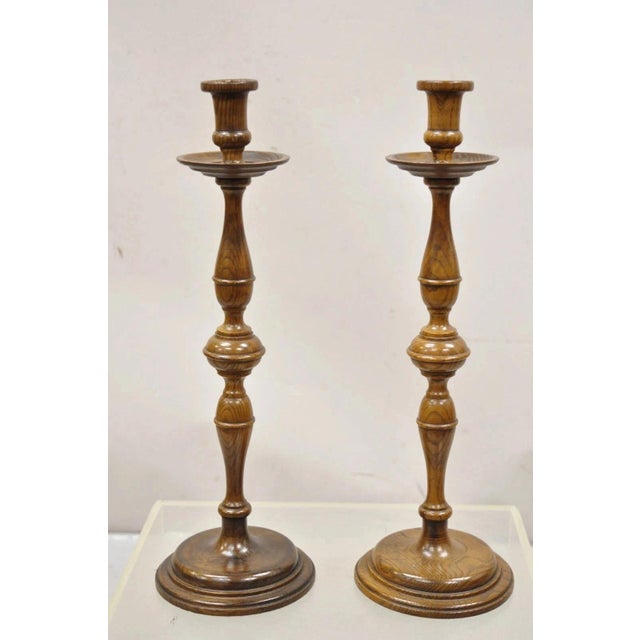 Vintage Italian Renaissance Jacobean Turn Carved Oak Wood 18.5" Candlesticks - a Pair. Circa Mid 20th Century....