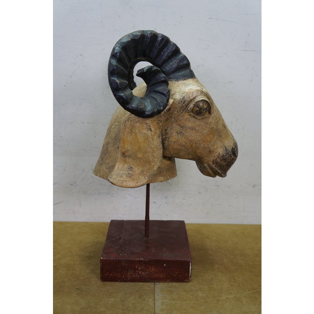 Vintage Indo Persian Carved Wood Ram Head Bust Sculpture on Stand 18" For Sale - Image 10 of 16