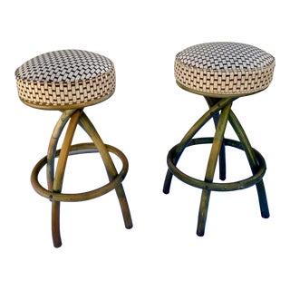 1960s Vintage Strand Rattan Swivel Bar Stools - a Pair For Sale