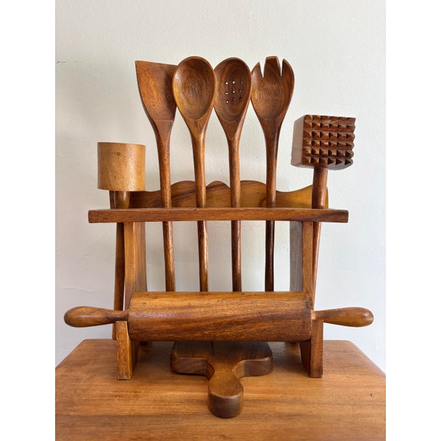 Late 20th Century Late 20th Century Workshop-Made Wooden Utensils With Holder - 9 Pieces For Sale - Image 5 of 8
