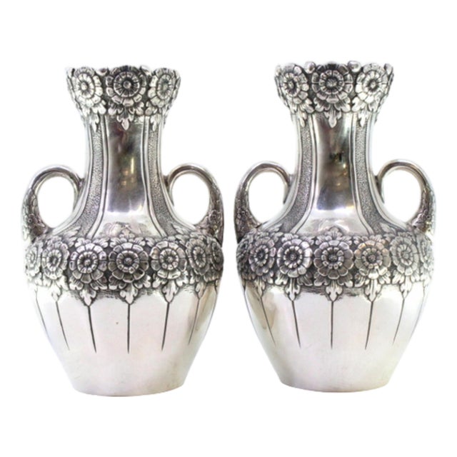 Small Silver Vases with Floral Motifs and Embossed Garlands, Set of 2 For Sale