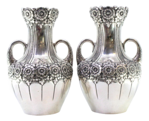 Small Silver Vases with Floral Motifs and Embossed Garlands, Set of 2