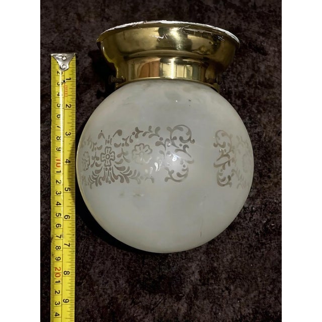 Mid-Century Modern Vintage MCM Mis Century Ceiling Light Frosted Glass Globe Shade Floral Brass For Sale - Image 3 of 4