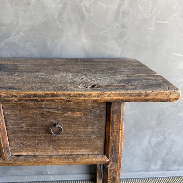 Vintage Elm Wood Console Natural Finish With 2 Drawers For Sale - Image 4 of 13