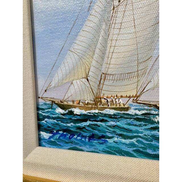 Gold Schooners Cutting Original Sailboat Oil Painting in Custom Gold Frame, 14 X 16" by Matt Thomas For Sale - Image 8 of 8