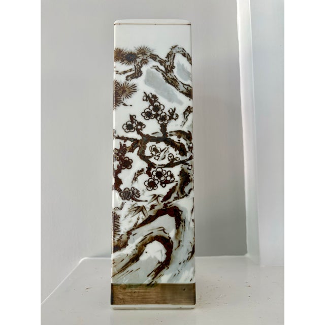 Bronze Vintage Mid-Century Japanese Hand-Painted Porcelain Square Sleeve Vase For Sale - Image 8 of 12