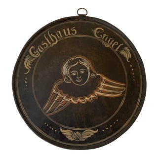 Vintage German 27” Round Metal Advertising “Gasthaus Engel” (Angel Inn) Sign For Sale