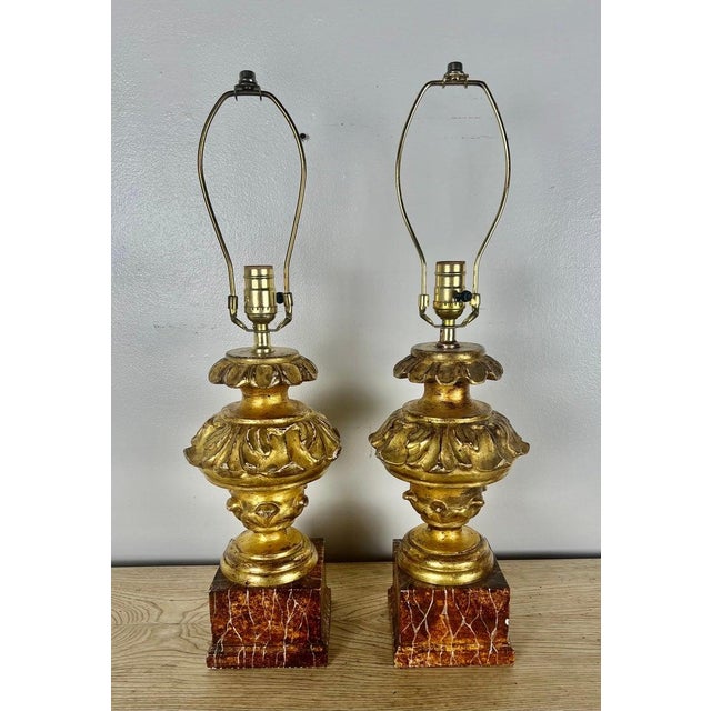 Neoclassical Pair of Italian Giltwood Carved Lamps on Faux Marble Bases For Sale - Image 3 of 10