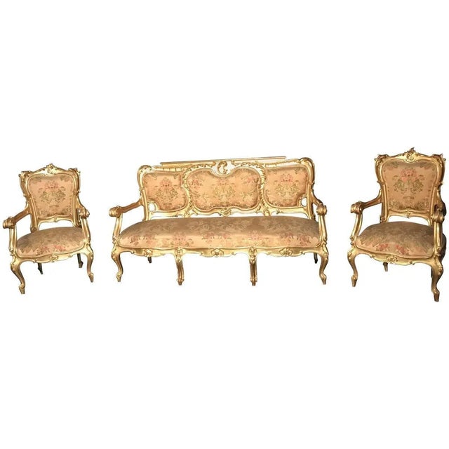 Italian 19th Century Gilt Living Room Suite with a Sofa and Armchairs, Set of 3 For Sale - Image 4 of 13