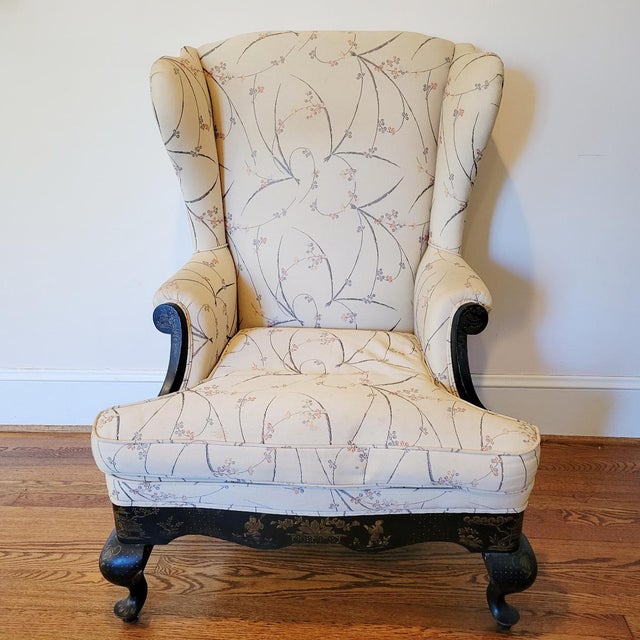 Antique Black Japanned & Gilt Chinoiserie Queen Anne Revival Wingback Chair, Circa 1900 For Sale - Image 9 of 11