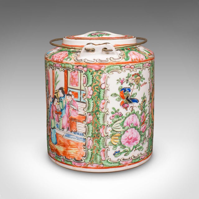 1920s Antique Famille Rose Teapot, Oriental, Ceramic Chá Pot, Wicker Case, Circa 1920 For Sale - Image 5 of 12