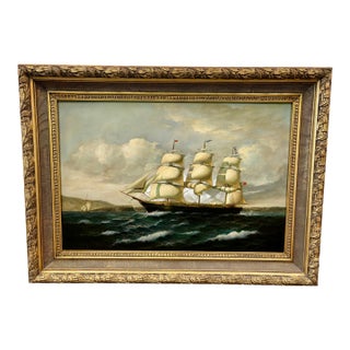 Antique Original Large Oil Painting (Unsigned) of a 3-Masted Clipper Ship - Framed For Sale