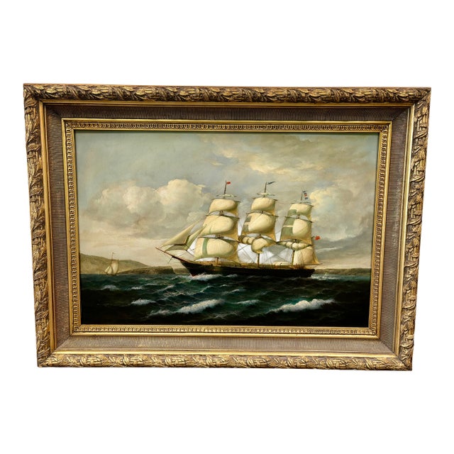 Antique Original Large Oil Painting (Unsigned) of a 3-Masted Clipper Ship - Framed For Sale