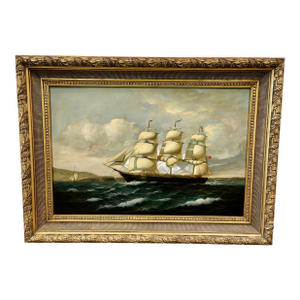 Antique Original Large Oil Painting (Unsigned) of a 3-Masted Clipper Ship - Framed