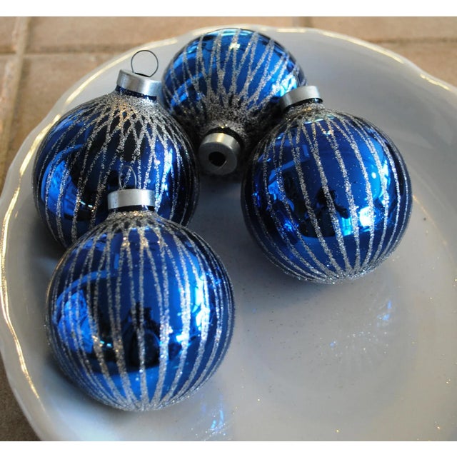 Vintage Mercury Glass and Mica Blue Christmas Ornaments - Box of 4 For Sale - Image 6 of 6