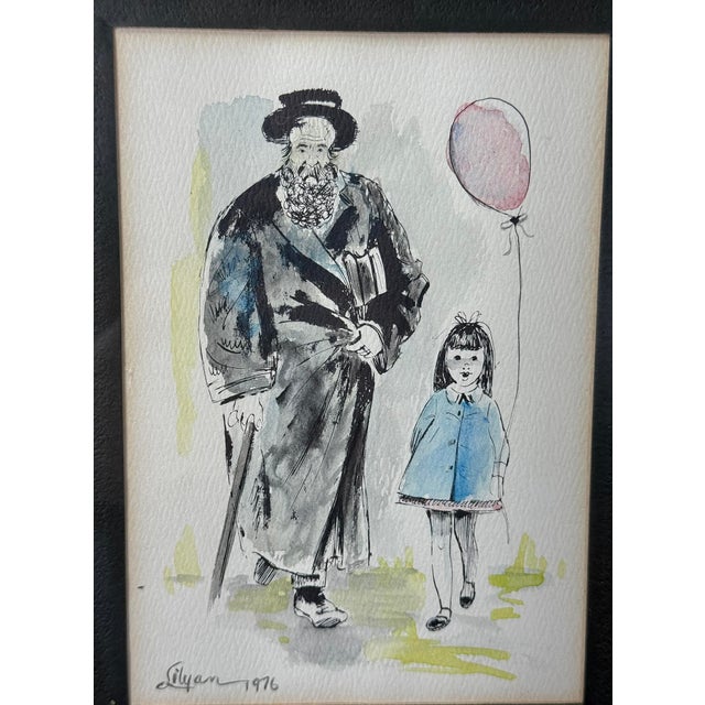 Vintage 1976 Jewish Rabbi & Girl W/ Balloon Signed Watercolor Painting For Sale - Image 6 of 9