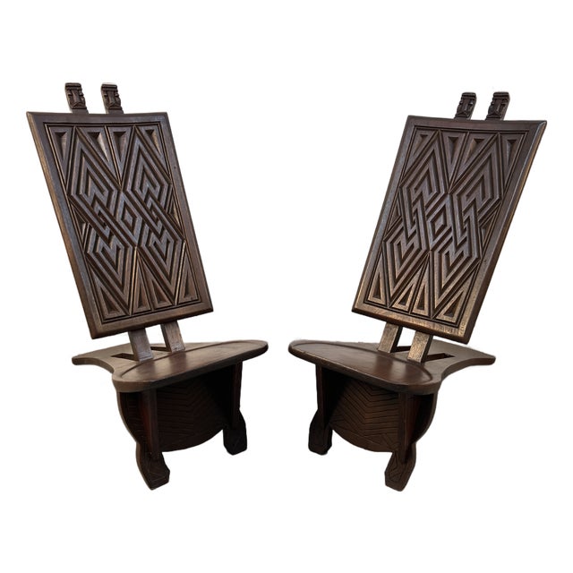 Mid 20th Century Pair of Geometric Carved Low Slung Tribal Palaver Chief Chairs For Sale