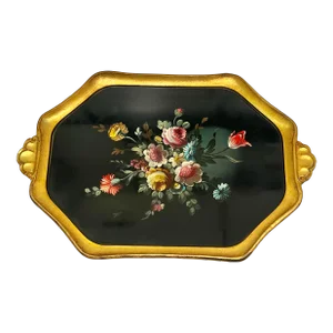 Vintage Bergdorf Goodman Italian Florentine Hand-Painted Tray Floral Design Decor