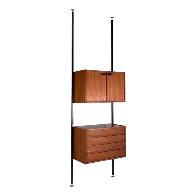 Italian Floor to Ceiling Bookcase in Wood, Black Metal and Brass, 1960s For Sale