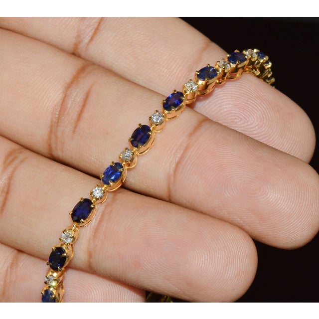 Certified Natural 7ct Blue Sapphire Diamond 18k Gold Tennis Stacking Bracelet For Sale - Image 14 of 16