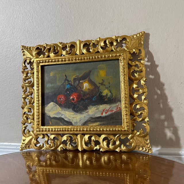 Italian Vintage Italian Still Life Oil Painting Ornate Frame Signed For Sale - Image 3 of 12