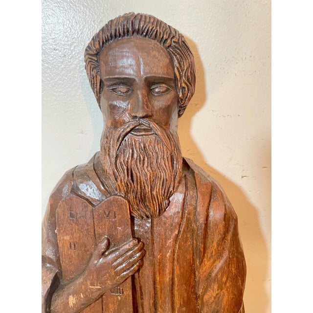 Wood 1920s Large Antique Religious Hand Carved Wood Moses Folk Art Sculpture Statue Figure For Sale - Image 7 of 9