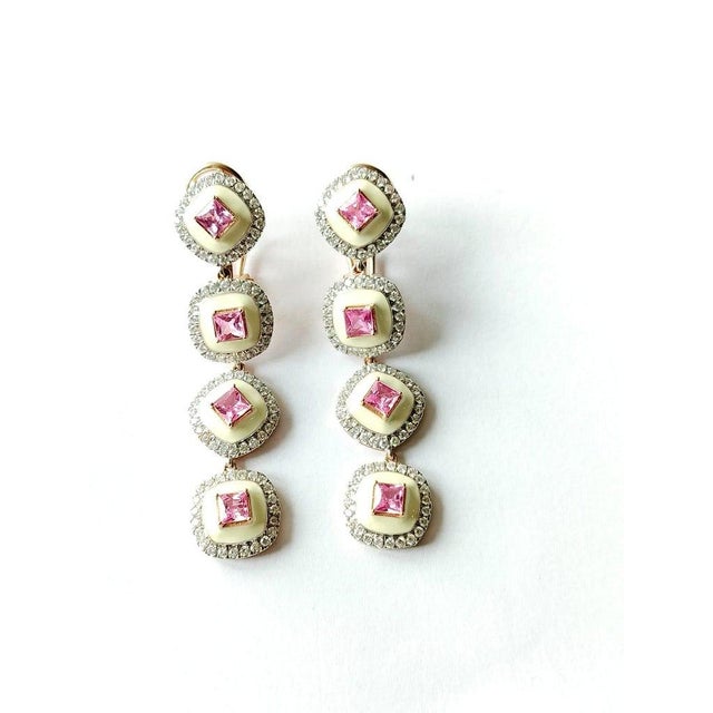 2020s 3.70 Carats Pink Sapphire, White Enamel & Diamonds Chandelier/Dangle Earrings, Pair For Sale - Image 5 of 9
