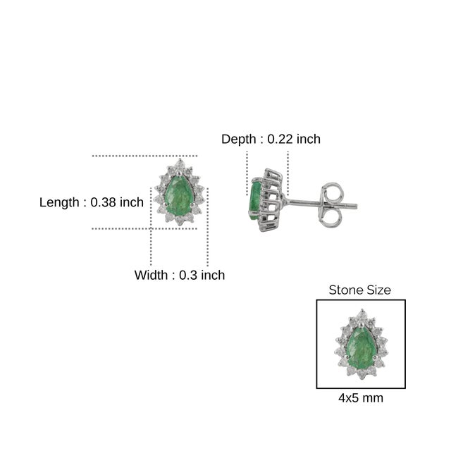 Vintage Style Natural Pear Emerald & Diamond Halo Stud Earrings in 925 Silver 2 Pieces For Sale - Image 9 of 12