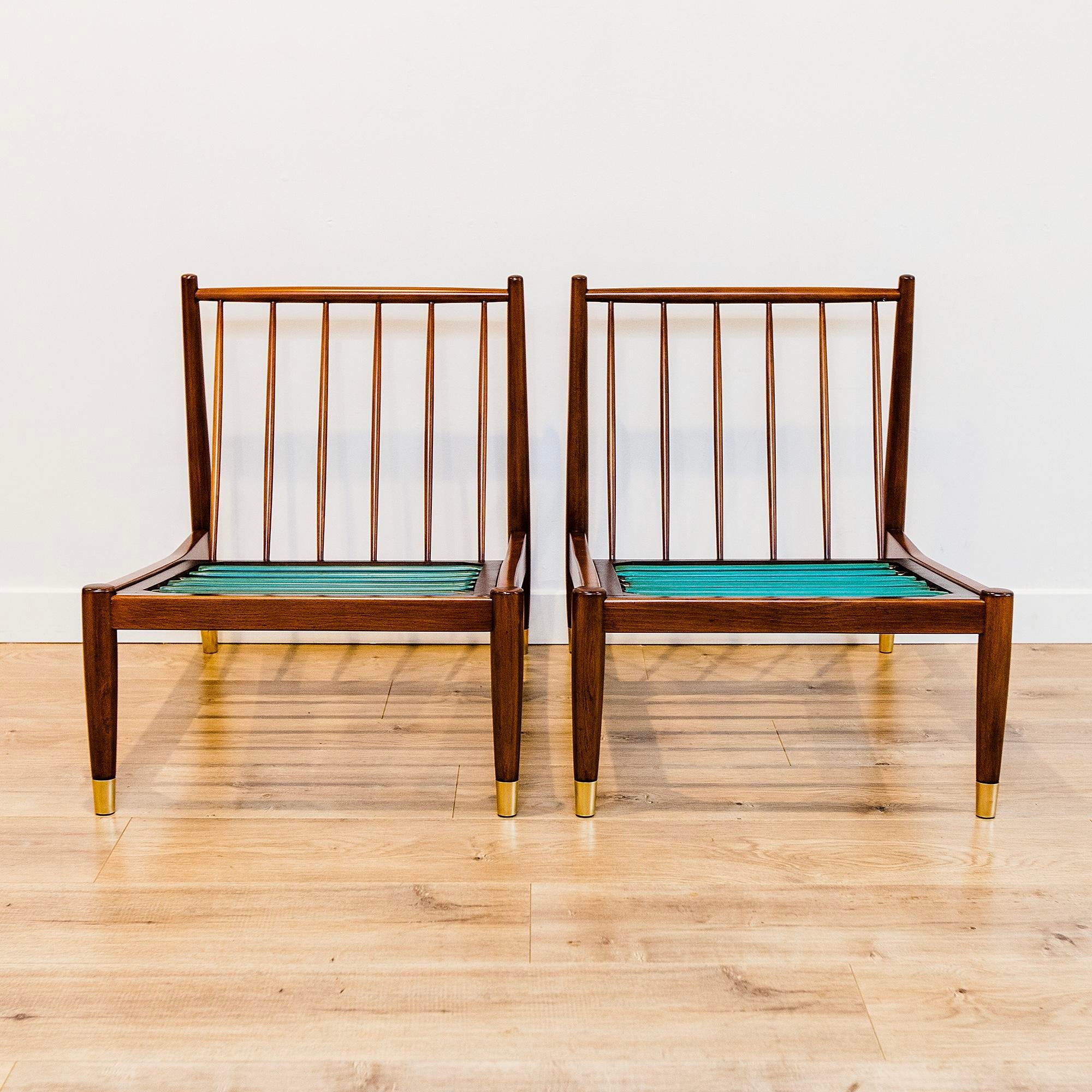 Fully Restored 1960s Scandinavian Slipper Chairs in Beech & Brass