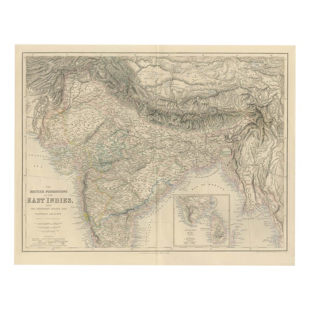 Antique Map of British India with Ceylon Continuation Inset, 1860 For Sale