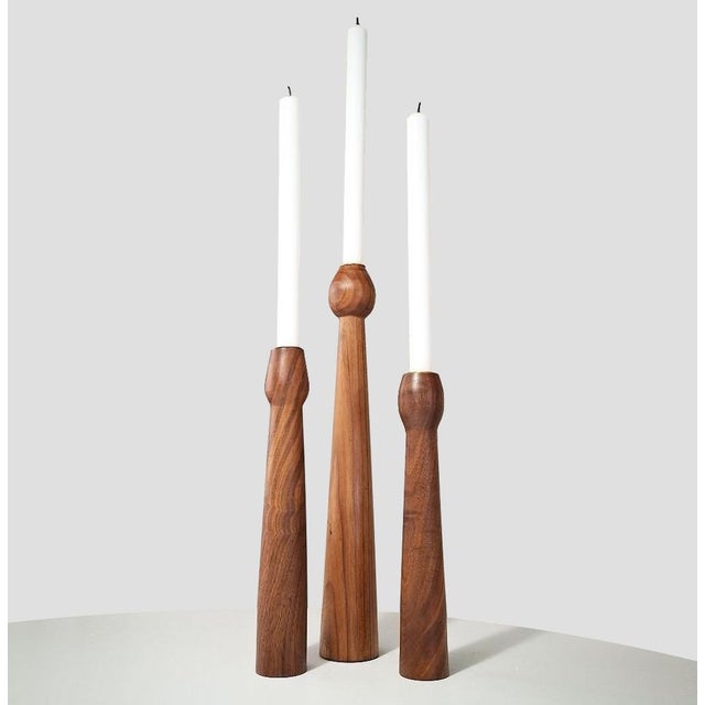 Scandinavian Teak Candlesticks with Brass Inserts, Denmark, 1960s, Set of 3 For Sale - Image 6 of 6