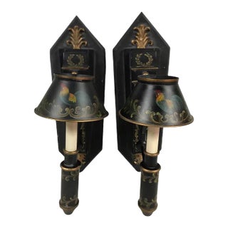 Contemporary Jeanne Reeds Ltd Black Farm House Toile Rooster Wall Sconces - a Pair For Sale