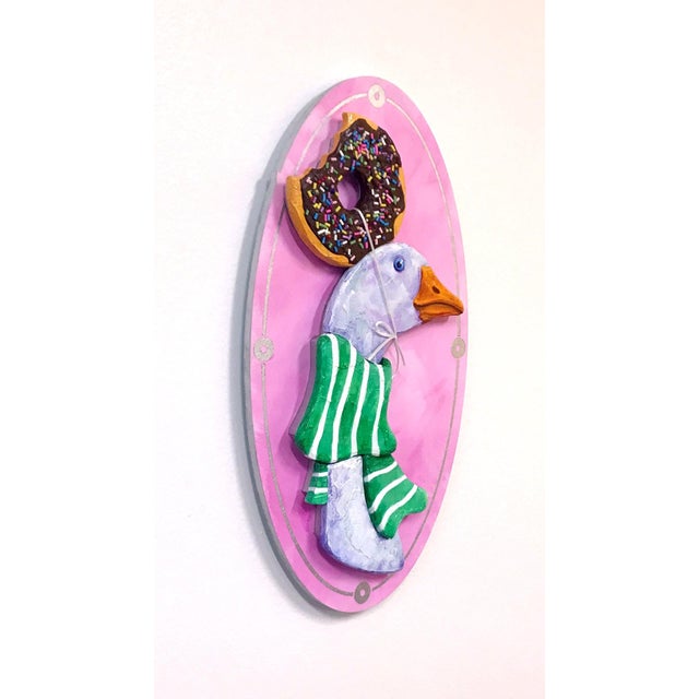 Contemporary Lucy Questions the Longevity of Her Slightly Used Hat by Corina St.Martin|Acrylic & Modeling Paste on Birch featuring a goose with a donut on its head For Sale - Image 3 of 4