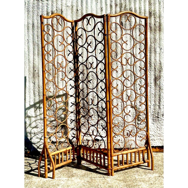 Late 20th Century Vintage Coastal Scroll Rattan Folding Screen For Sale - Image 5 of 7