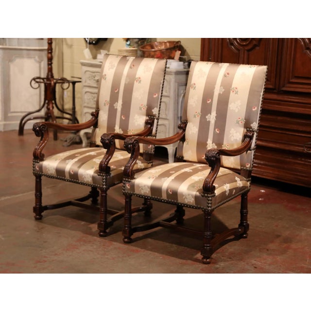 Pair of 19th Century French Louis XIII Walnut Fauteuils With Carved Ram Heads For Sale - Image 9 of 12