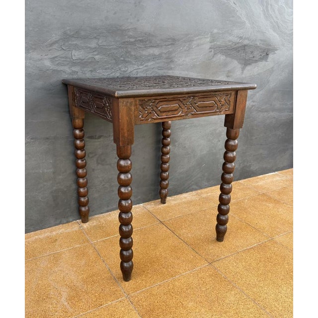 Spanish Barley Twist Side Table with Geometric Carved Top, 1930s For Sale - Image 6 of 11