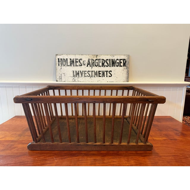 Brown Large Antique Oak Slat Market Basket | Primitive General Store Produce Display Crate | Mission Style Farmhouse Storage For Sale - Image 8 of 17