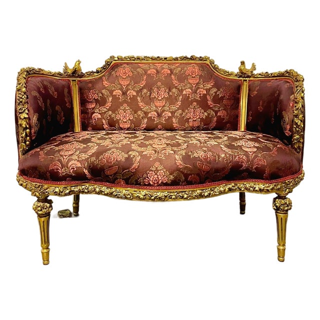 1990s Baroque Style Red Wine Sofa – Gold Leaf Details For Sale