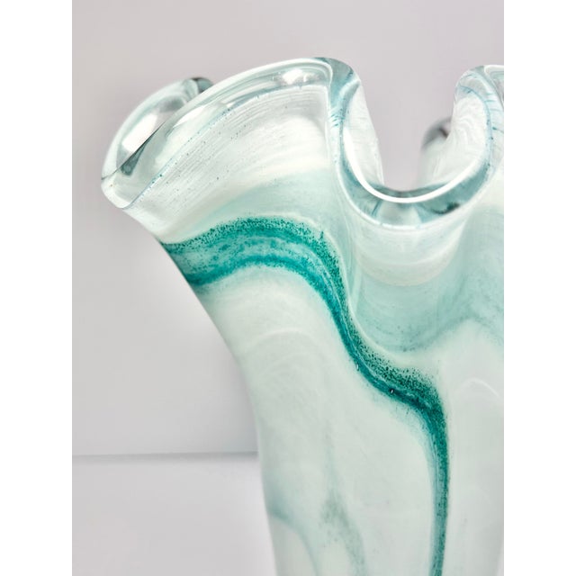 Italian Contemporary Murano-Style Italian Sea Green Blue Ruffled Swirl Tall Vase For Sale - Image 3 of 8