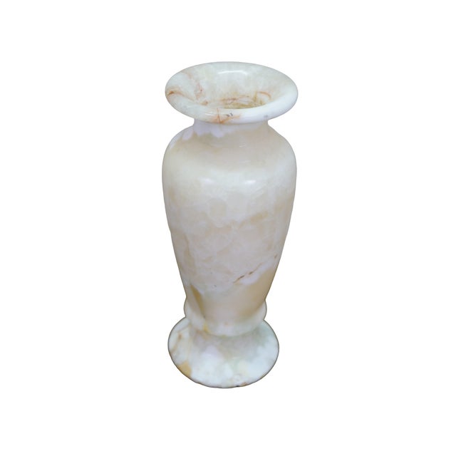 Vintage carved genuine onyx marble bud vase featuring a timeless baluster-style silhouette. It showcases a beautifully...