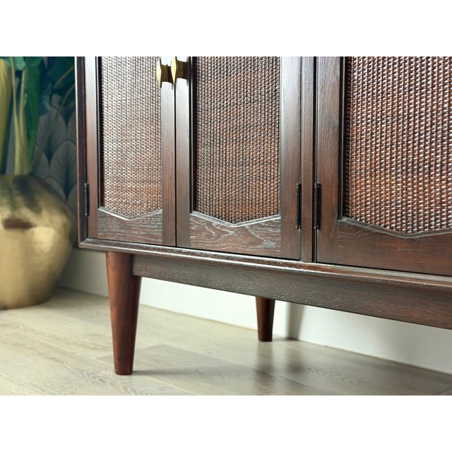 Vintage 1960s Mid-Century Modern Walnut Wood and Woven Rattan Highboy Chest Cabinet by R-Way For Sale - Image 9 of 16