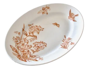 19th Century Longwy Oval Dish Sepia Iron Earth Botanical Bird, 1890s