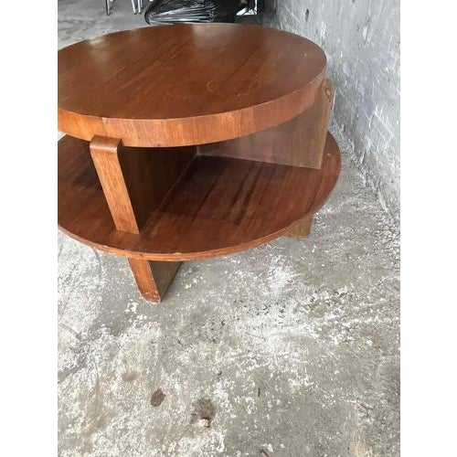 Wood Vintage Art Deco Round Coffee Table with Double Tier For Sale - Image 7 of 13
