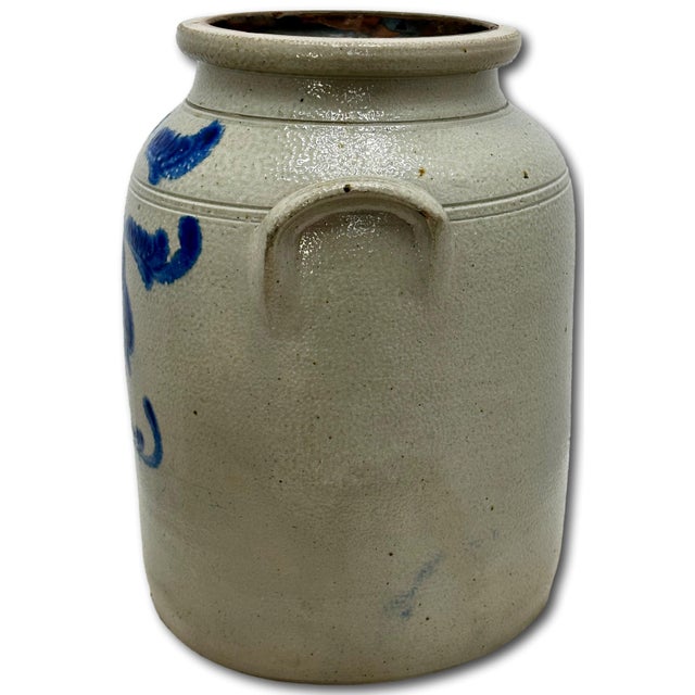 Ourtstanding Antique Large 3 Gallon Size American Blue Hand Decorated Stoneware Butter Churn - Circa 1870s For Sale - Image 12 of 18