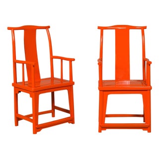 "The Lava Chair", Yoke Back Armchairs with Custom Deep Orange Lacquer - A Pair For Sale