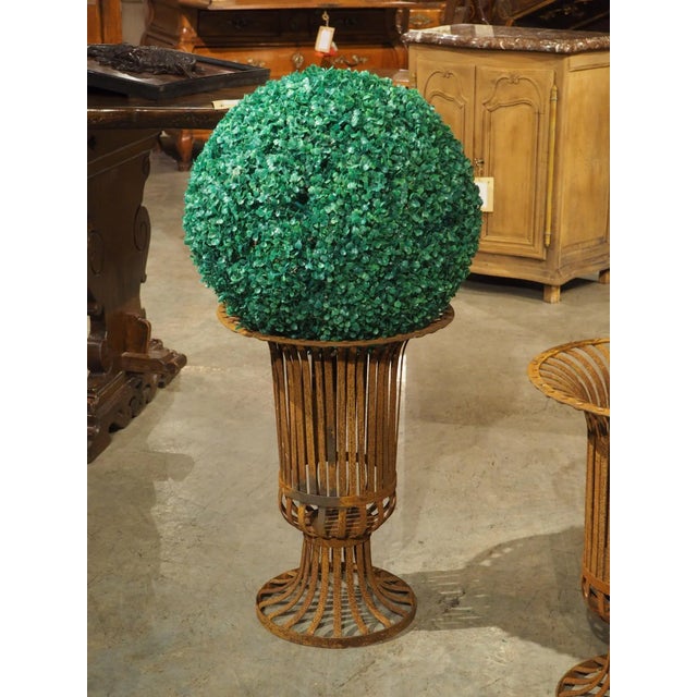 Metal Pair of Vintage Weathered Iron Basket Form Urns From France, 20th Century For Sale - Image 7 of 12