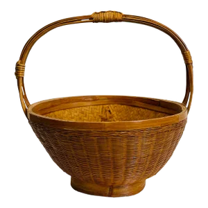 Vintage 1960s Handled Round Wicker Basket