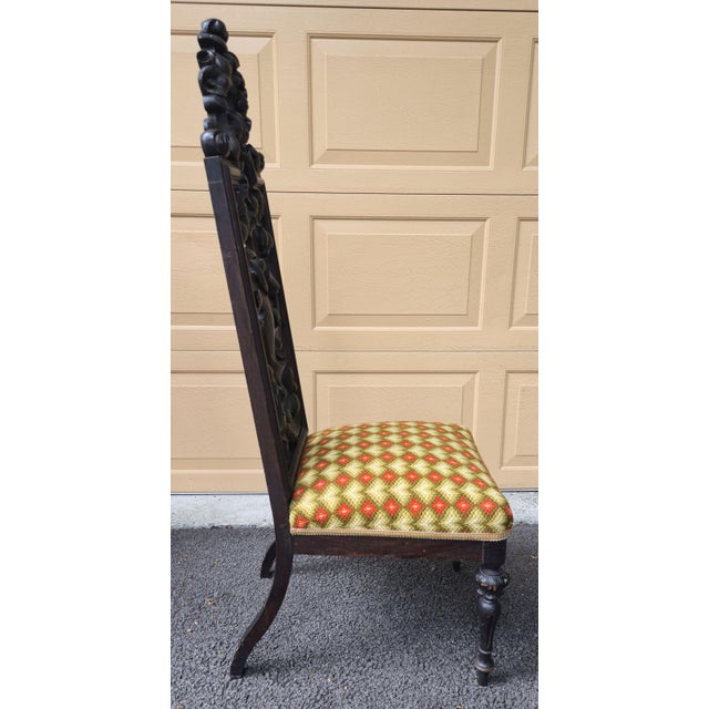 Pair of High Back 49" Side Chairs in Black Walnut Heavily Carved Black Forest Rococo Renaissance Revival For Sale - Image 12 of 17