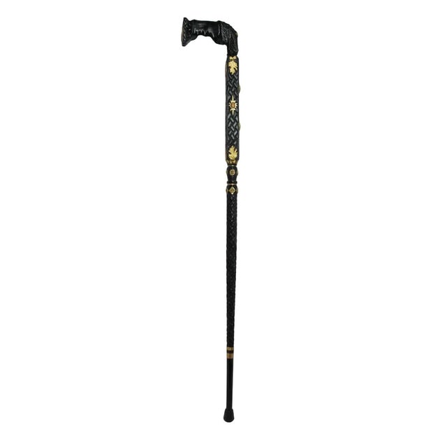 Ornate hand crafted antique walking stick cane. Solid wood heavily carved and lacquered in black. The hand carved handle...