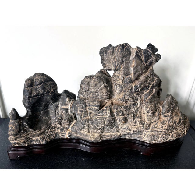 19th Century Large Chinese Horizontal Gray Lingbi Scholar Stone with Grotto on Display Stand For Sale In Atlanta - Image 6 of 12